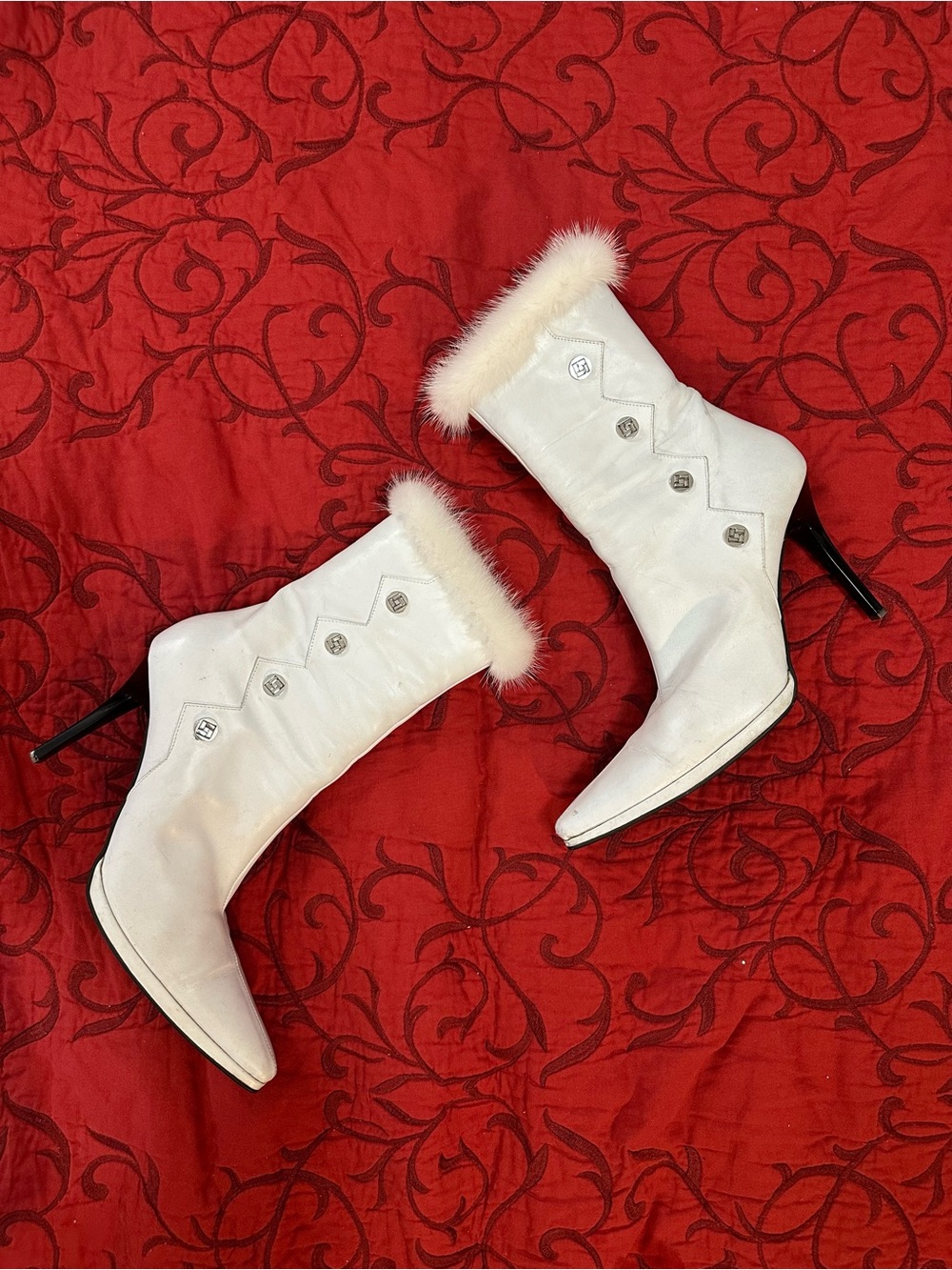 White Real Fur Trim Real Leather Mid-Calf Stiletto Boots